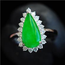 18K白金镶嵌钻石满色阳绿水滴翡翠戒指玉戒指