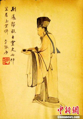 图为：张大千作品《赏砚图》