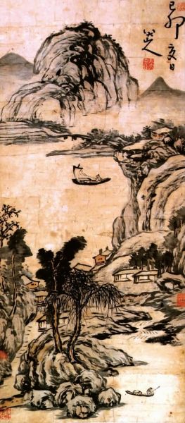 八大山人(1626-1705)《居游山水图》山水立轴1699年作 118×43cm款识：八大山人。钤印：八大山人.可得神仙.个相如吃.鉴藏印：江陵邓氏家藏.参考价（RMB）：18，000，000-35，000，000。
