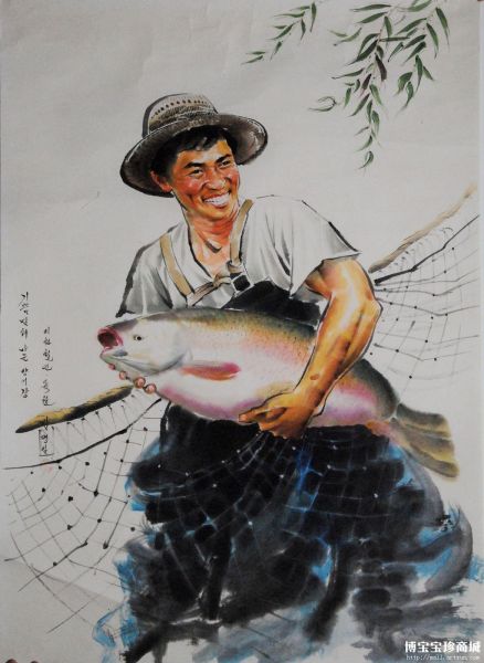 金明日 朝鲜国画《养鱼场》 （图片来源：博宝宝珍商城）