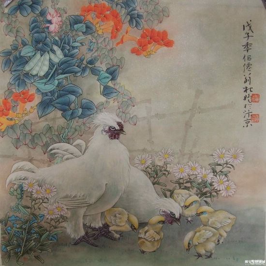 实力名家杜鹏工笔画鸟《教子》 （图片来源：博宝宝珍商城）