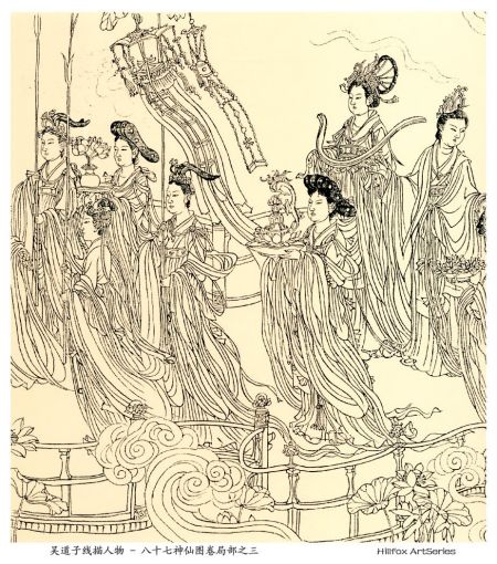 《八十七神仙卷》（局部）。此图为白描人物长卷（292cm×30cm，绢本水墨），现藏于在徐悲鸿纪念馆。