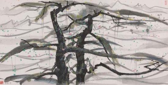 吴冠中《双松》 纸本 设色 67×132cm 1988