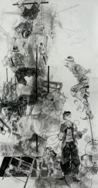 参展作品：李皓，童年纪事，240x120cm，水墨综合材料