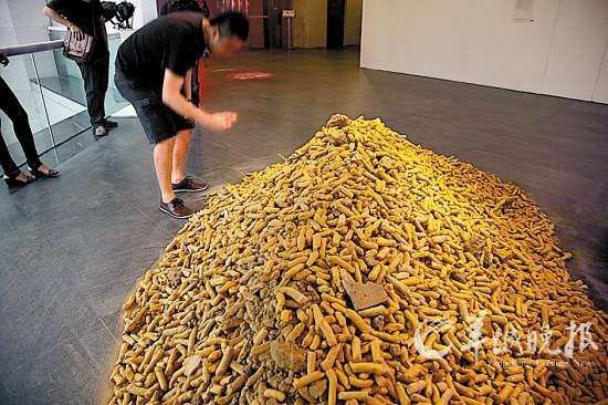 “金狗屎”使用广东本地材料进行图案制作，暗讽某奢侈品牌　　羊城晚报记者　　蔡弘摄