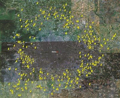 在google earth上显示的北京垃圾“七环”。