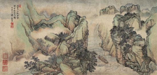 一、返照入江飞石壁，归云拥树失山 师关仝法，补少陵句。 钤印：壬申(朱文)、王骧之印(白文)、石谷(朱文)、樵雅趣(白文)、天放闲人(朱文)。约1.9平尺