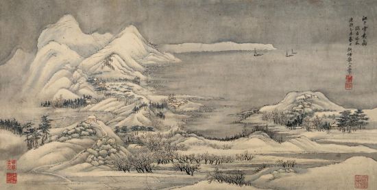 六：江干雪意图，临右丞本，康熙乙未春日，耕烟散人王骧。 钤印：王骧之印(白文)、石谷(朱文)、吾思古人(朱文)、耕烟散人时年八十有四(白文)。约1.9平尺