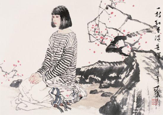 何家英国画作品《一枝红杏淡春晖》。