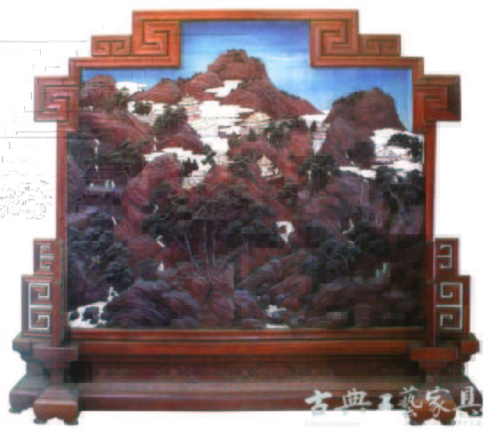 清 黄花黎嵌牙木雕山水屏风