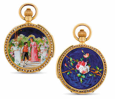 Invicta， 18K金及珐琅镶珍珠猎壳怀表，配三问功能，约1890年制，在香港佳士得2013年春拍中以18.75万港元（约合人民币15万元）成交。