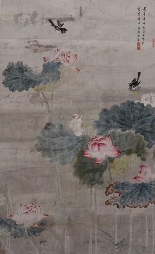 明代陈遵《双燕荷花图轴》 立轴  纸本设色  纵146厘米  横89厘米  1610年作