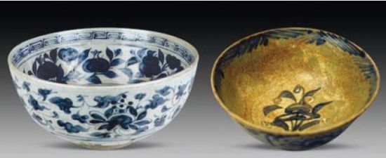 图1青花山水人物花卉纹大碗、图2 青花折枝牡丹碗