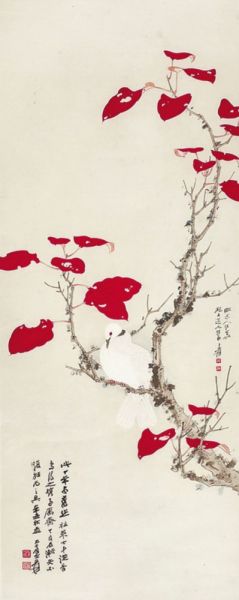 张大千《红叶白鸠》