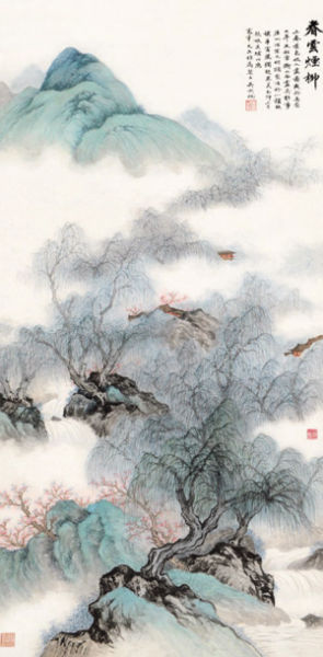 吴湖帆青绿山水精品《春云烟柳》
