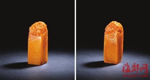 鳌龙戏金泉钮田黄石方章　重83g，701.5万元成交。