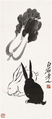 齐白石《双兔白菜图》（局部）