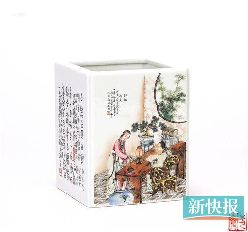 1939年 方云峰、汪野亭 粉彩《西厢记》人物故事诗文图四方笔筒 雅昌供图