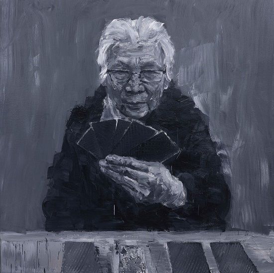 严培明画作：《妈妈的牌?跪着的我》（布面油画，2014）