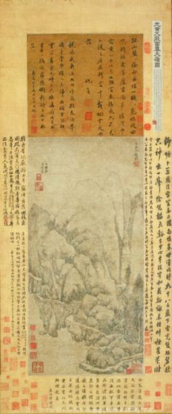 《富春大岭图》 元?黄公望。元四家之一的黄公望最知名的画作或许是《富春山居图》。富春山是黄公望最喜爱的山水题材之一。本图中描绘高耸兀立的富春大岭，山顶光洁明润，山腰石隙间树木茂盛，右侧绝壁幽涧，飞流直?