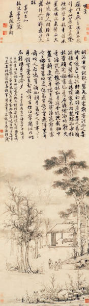 《中庭步月图》  明?文征明。为夜晚与友人在山中月下散步赏月的情景，树木一派疏淡，人物悠然自得