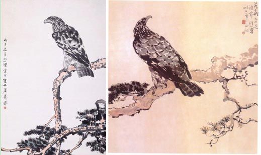 徐悲鸿《英雄图》(左)与徐悲鸿《松鹰图》(右)