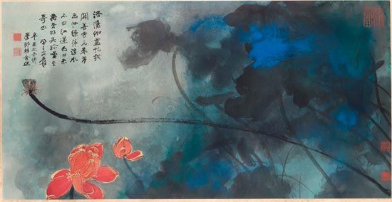 张大千《泼彩钩金红莲》