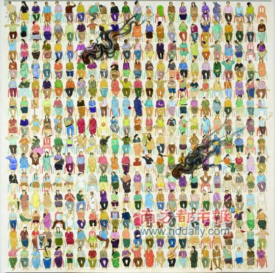展出作品之一《来给我们演讲》，2011，N?S?哈夏，布上丙烯，183×1098cm。