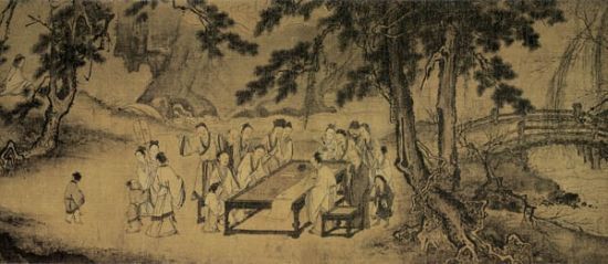 南宋 马远绘《西园雅集图》(局部，台北“故宫博物院”藏)。画中描绘李龙眠作画《渊明归去来》，黄庭坚、张耒、晁补之等人一旁观看，主人爱姬侍立一旁，孩童在旁嬉闹的情景