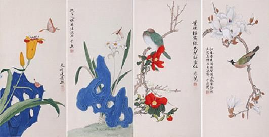于非? 花鸟四屏 65.5×32×4 设色纸本 镜心