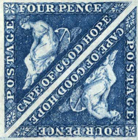 图：英国Perkins Bacon & Co于1853年，印?了一批罕见的三角形邮票，收藏家安排于南非拍卖，估值每枚逾万英镑
