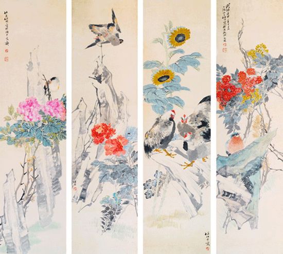 任伯年《花鸟四屏》