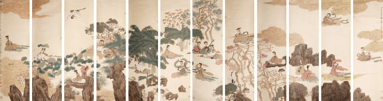 徐乐乐  《阆苑千葩通景十二屏》 设色纸本 立轴 113.7X32.6cm X12