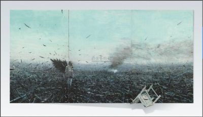 贾蔼力《苍白的不只是你》（三联作）油画画布、彩绘木椅2007年